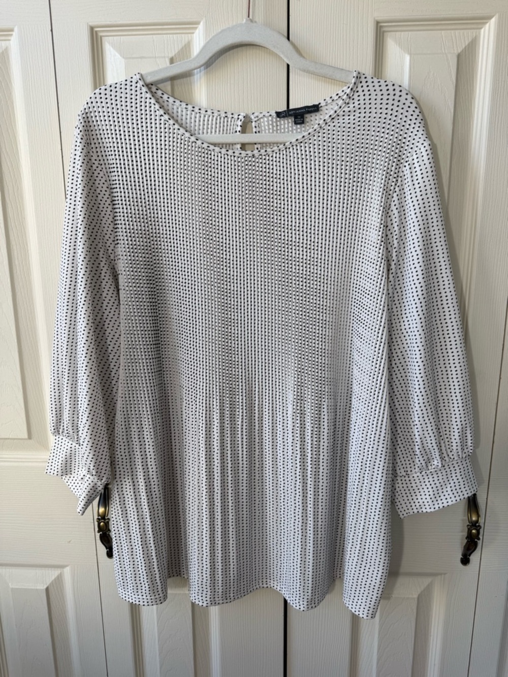Adrianna Papell Pleated White Black Polka Dot 3/4 Sleeve Blouse Womens Size 1X